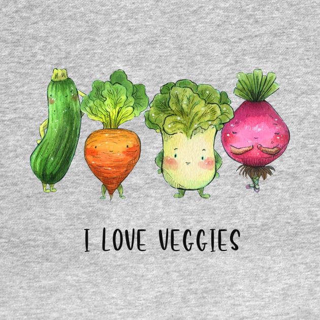 "I love Veggies" Cute Watercolour Handmade by Carlotta Mascolo Art